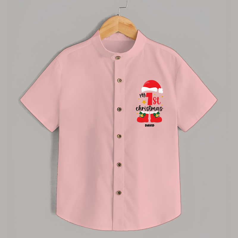 My First Christmas Themed Personalized Shirt With Name For Kids - PEACH - 0 - 6 Months Old (Chest 23")