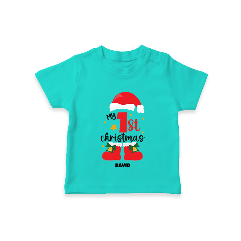 My First Christmas Themed Personalized T-Shirt With Name For Babies - TEAL - 0-5 Months Old (Chest 17")