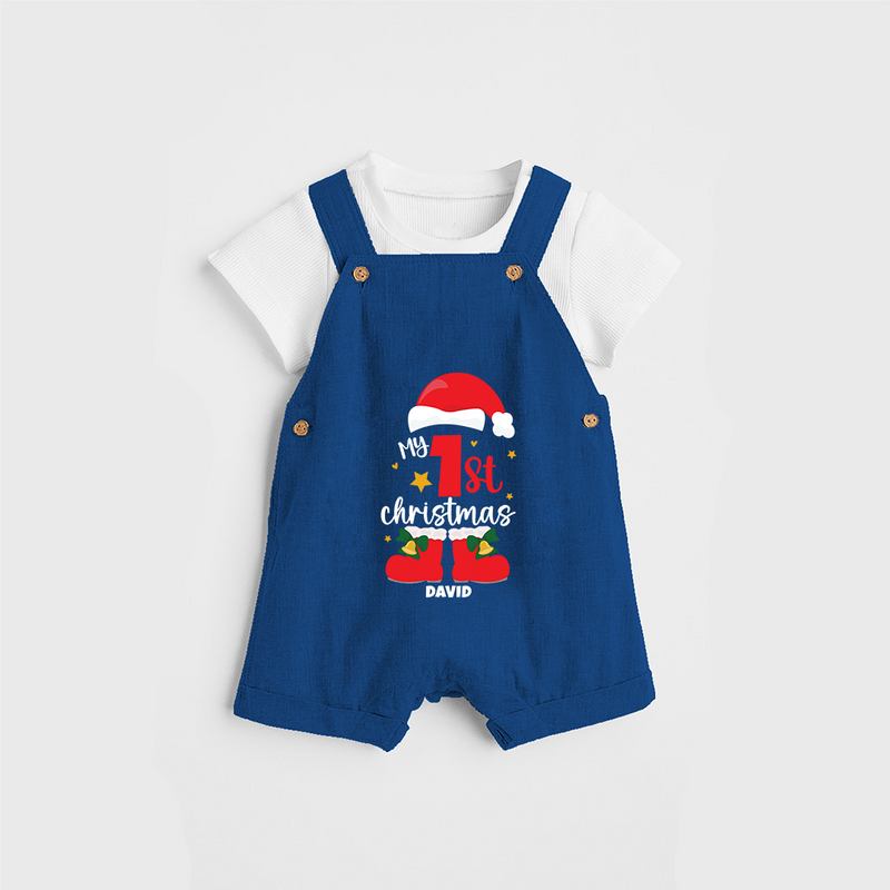 My First Christmas Themed Personalized Dungaree Set With Name For Babies - COBALT BLUE - 0 - 5 Months Old (Chest 18")