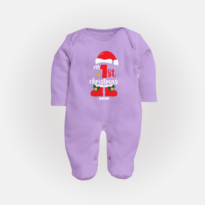 My First Christmas Themed Personalized Sleep Suit With Name For Babies - LILAC - New Born (Chest 7.5")