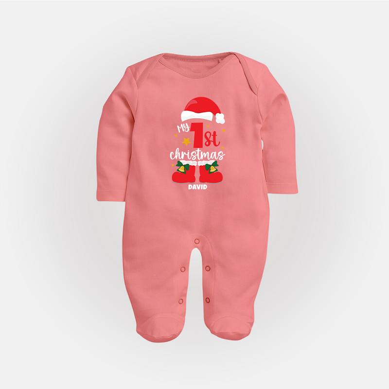 My First Christmas Themed Personalized Sleep Suit With Name For Babies - PEACH - New Born (Chest 7.5")