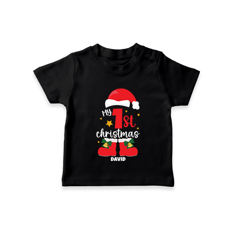 My First Christmas Themed Personalized T-Shirt With Name For Babies - BLACK - 0-5 Months Old (Chest 17")