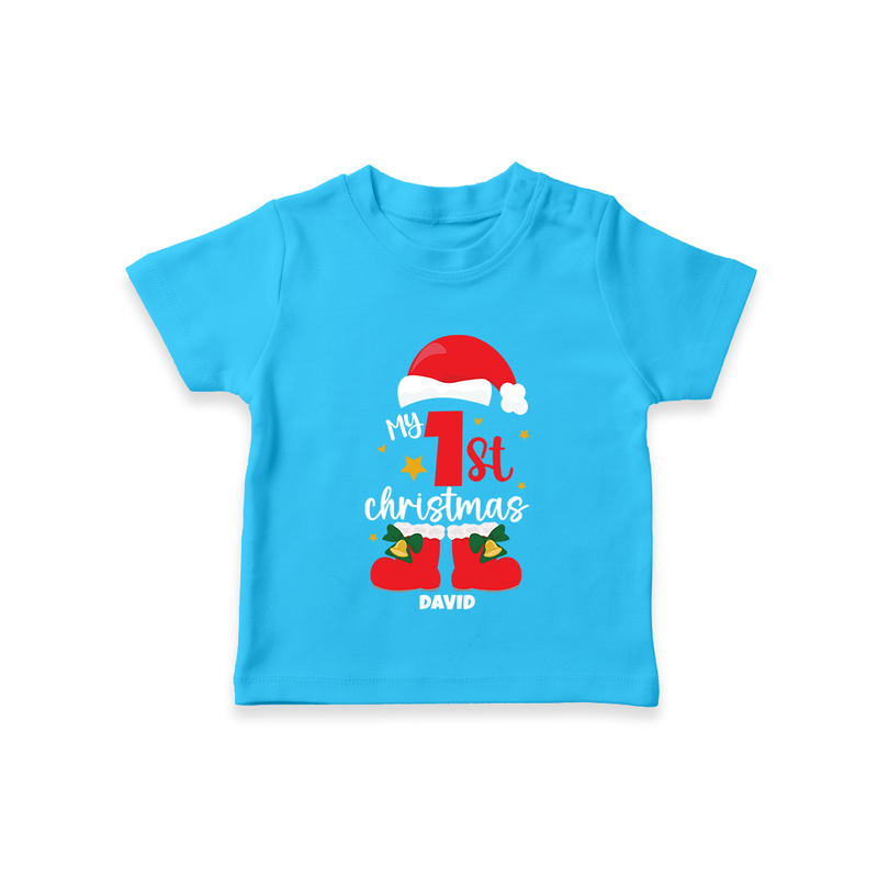 My First Christmas Themed Personalized T-Shirt With Name For Babies - SKY BLUE - 0-5 Months Old (Chest 17")