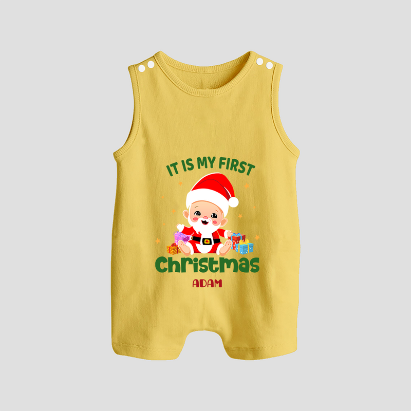 "It Is My First Christmas" Themed Customized Romper Suit With Name For Babies - PASTEL YELLOW - 0 - 5 Months Old (Chest 18")