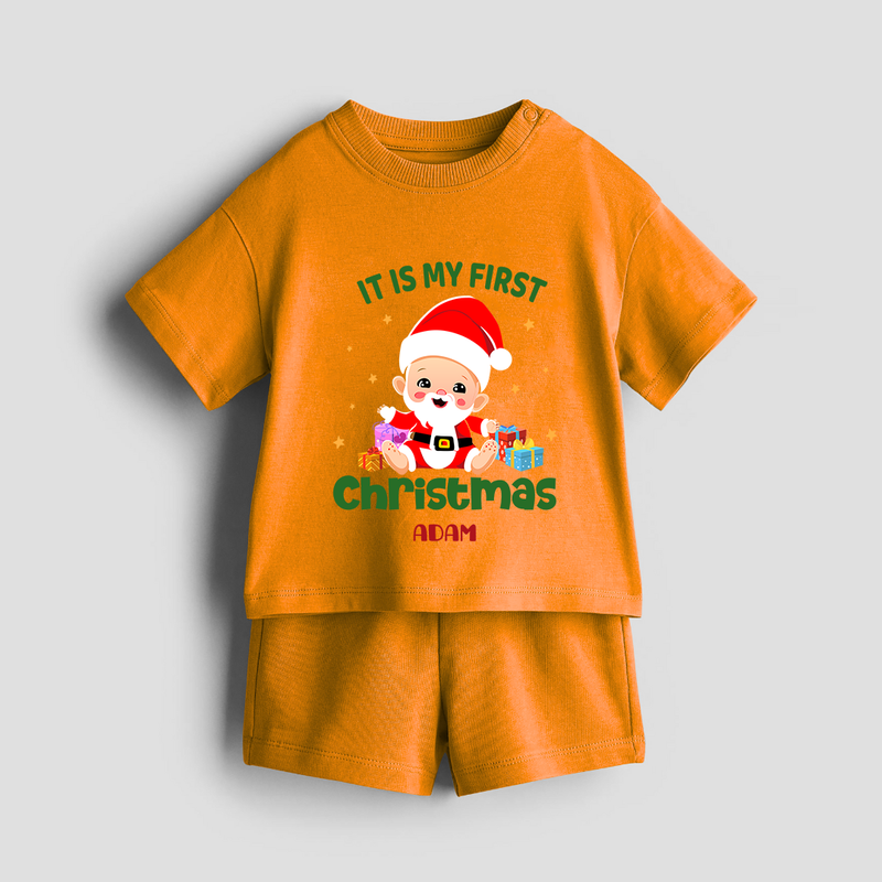 "It Is My First Christmas" Themed Customized Co-ord Set With Name For Kids - TANGERINE - 0-5 months old  (Chest 18")