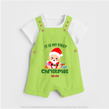 "It Is My First Christmas" Themed Customized Dungaree Set With Name For Babies - GREEN - 0 - 5 Months Old (Chest 18")