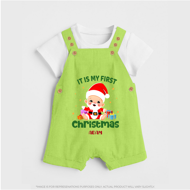 "It Is My First Christmas" Themed Customized Dungaree Set With Name For Babies - GREEN - 0 - 5 Months Old (Chest 18")