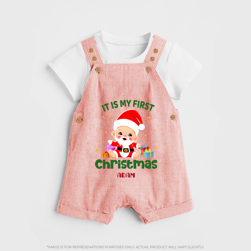 "It Is My First Christmas" Themed Customized Dungaree Set With Name For Babies - PEACH - 0 - 5 Months Old (Chest 18")