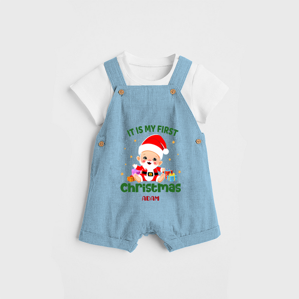 "It Is My First Christmas" Themed Customized Dungaree Set With Name For Babies - SKY BLUE - 0 - 5 Months Old (Chest 18")