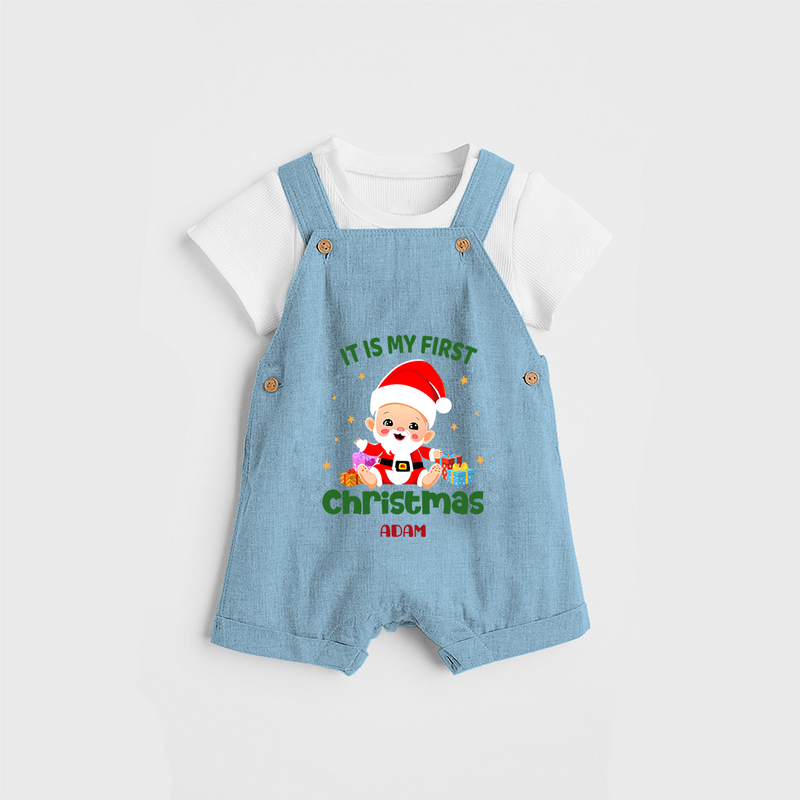 "It Is My First Christmas" Themed Customized Dungaree Set With Name For Babies - SKY BLUE - 0 - 5 Months Old (Chest 18")