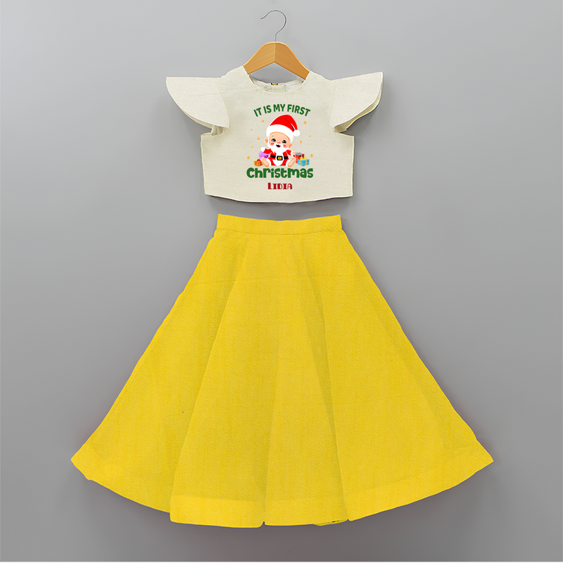 "It Is My First Christmas" Themed Customized Crop Top And Skirt With Name For Kids - YELLOW - 6 - 9 Months Old (Chest 20" , Frock Waist 20")