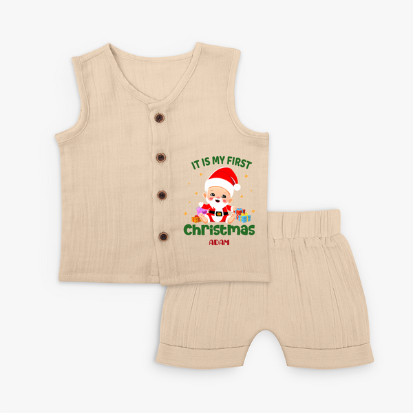 "It Is My First Christmas" Themed Customized Jabla Set With Name For Babies - CREAM - 0 - 3 Months Old (Chest 9.8")