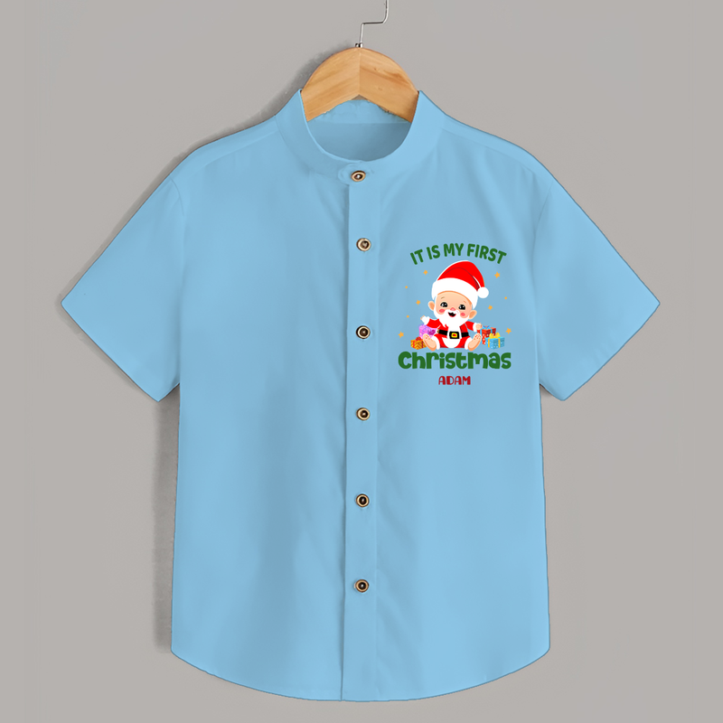 "It Is My First Christmas" Themed Customized Shirt With Name For Kids - SKY BLUE - 0 - 6 Months Old (Chest 23")