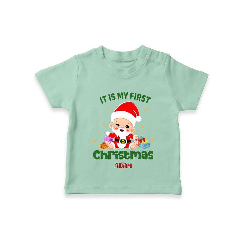 "It Is My First Christmas" Themed Customized T-Shirt With Name For Babies - MINT GREEN - 0-5 Months Old (Chest 17")