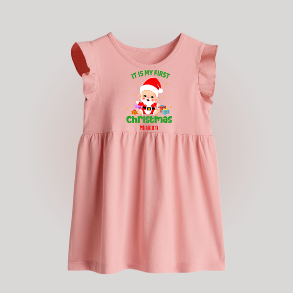 "It Is My First Christmas" Themed Customized Baby Frock With Name For Babies - BABY PINK - 0 - 3 Months Old (Chest 17")