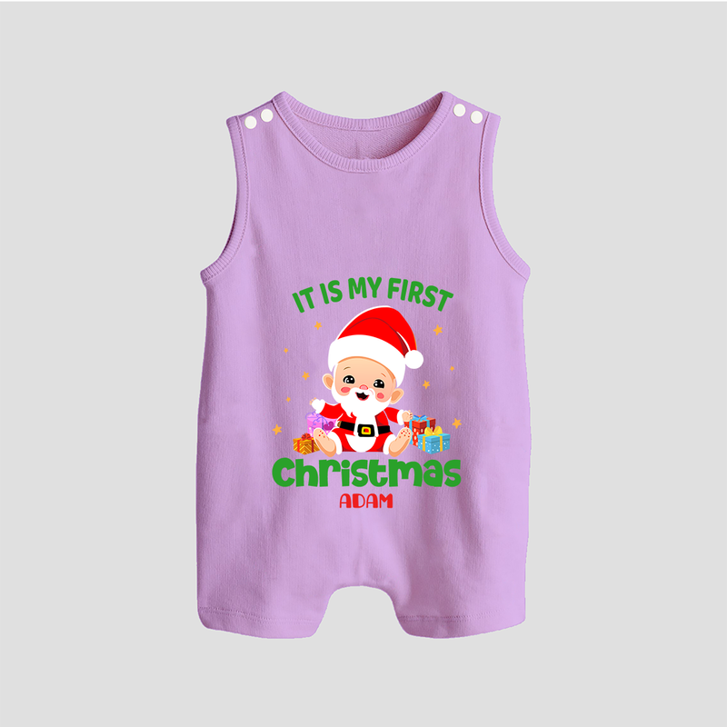 "It Is My First Christmas" Themed Customized Romper Suit With Name For Babies - LILAC - 0 - 5 Months Old (Chest 18")