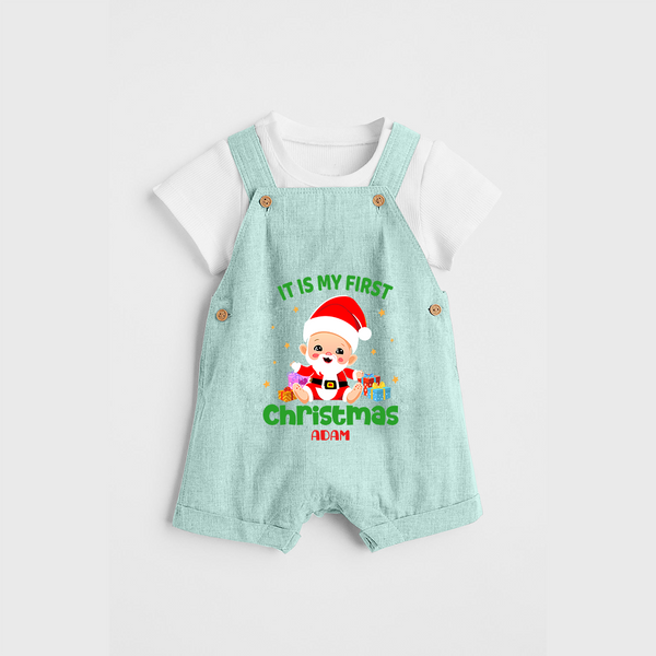 "It Is My First Christmas" Themed Customized Dungaree Set With Name For Babies - ARCTIC BLUE - 0 - 5 Months Old (Chest 18")