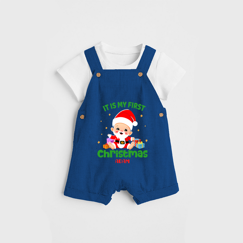 "It Is My First Christmas" Themed Customized Dungaree Set With Name For Babies - COBALT BLUE - 0 - 5 Months Old (Chest 18")