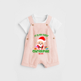 "It Is My First Christmas" Themed Customized Dungaree Set With Name For Babies - PEACH - 0 - 5 Months Old (Chest 18")