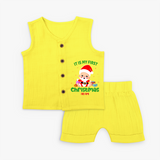 "It Is My First Christmas" Themed Customized Jabla Set With Name For Babies - YELLOW - 0 - 3 Months Old (Chest 9.8")