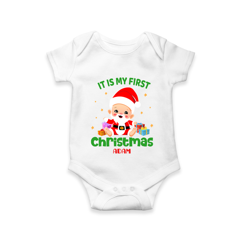 "It Is My First Christmas" Themed Customized Romper With Name For Babies - WHITE - 0 - 3 Months Old (Chest 16")