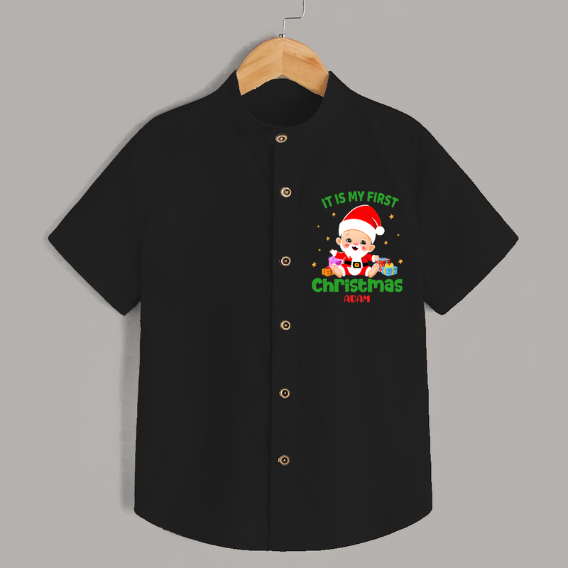 "It Is My First Christmas" Themed Customized Shirt With Name For Kids - BLACK - 0 - 6 Months Old (Chest 23")