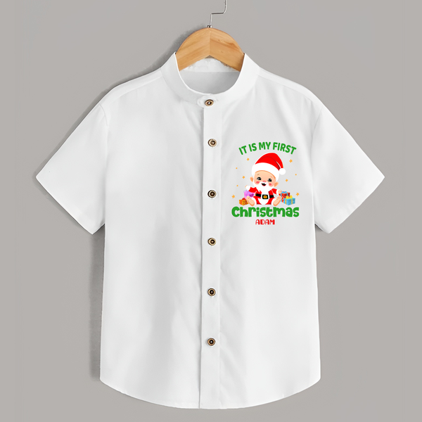 "It Is My First Christmas" Themed Customized Shirt With Name For Kids - WHITE - 0 - 6 Months Old (Chest 23")