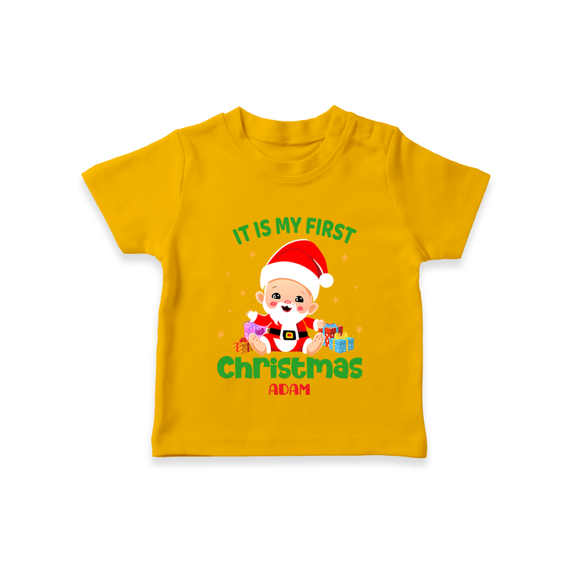 "It Is My First Christmas" Themed Customized T-Shirt With Name For Babies - CHROME YELLOW - 0-5 Months Old (Chest 17")