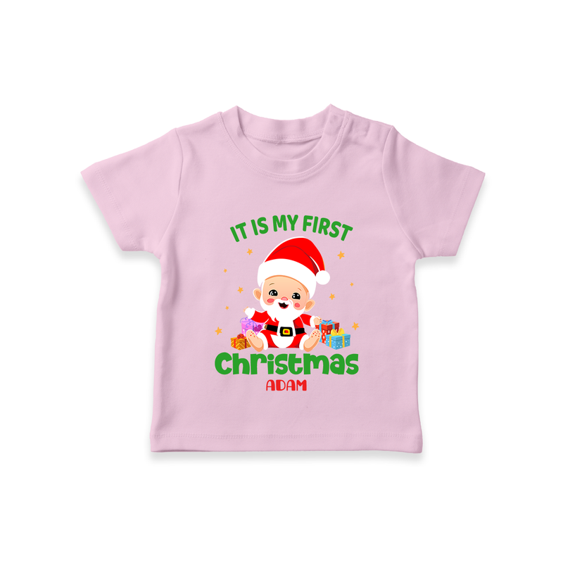 "It Is My First Christmas" Themed Customized T-Shirt With Name For Babies - PINK - 0-5 Months Old (Chest 17")