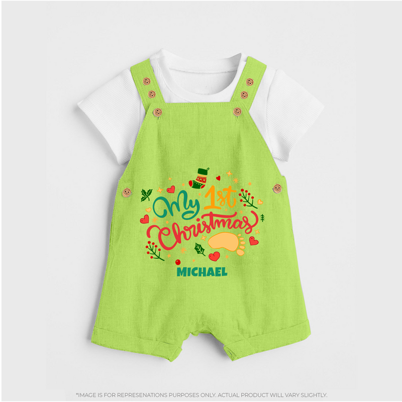 My First Christmas Themed Custom-Made  Dungaree Set With Name For Babies - GREEN - 0 - 5 Months Old (Chest 18")