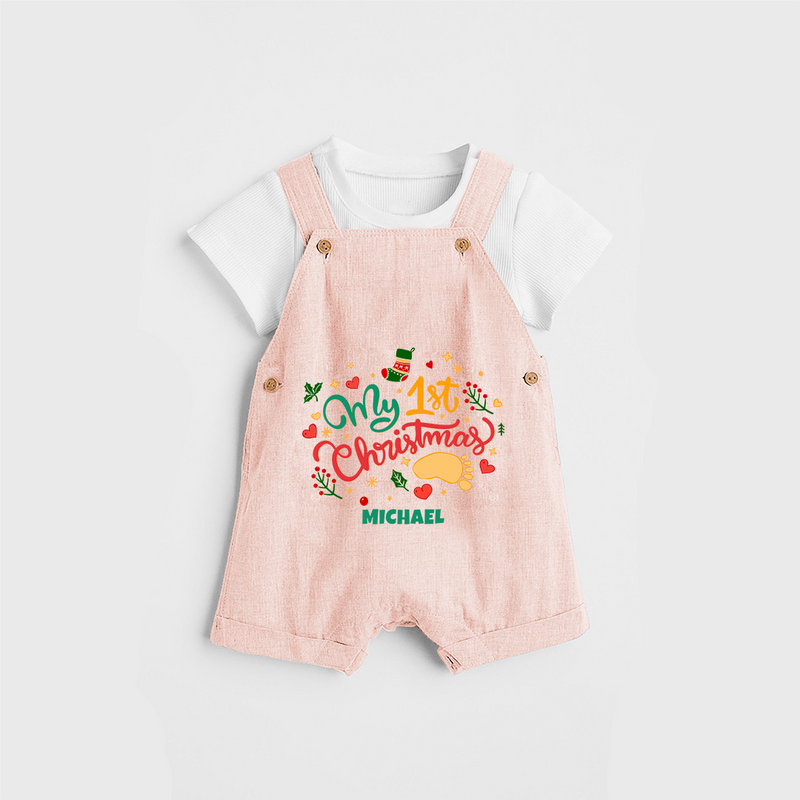 My First Christmas Themed Custom-Made  Dungaree Set With Name For Babies - PEACH - 0 - 5 Months Old (Chest 18")