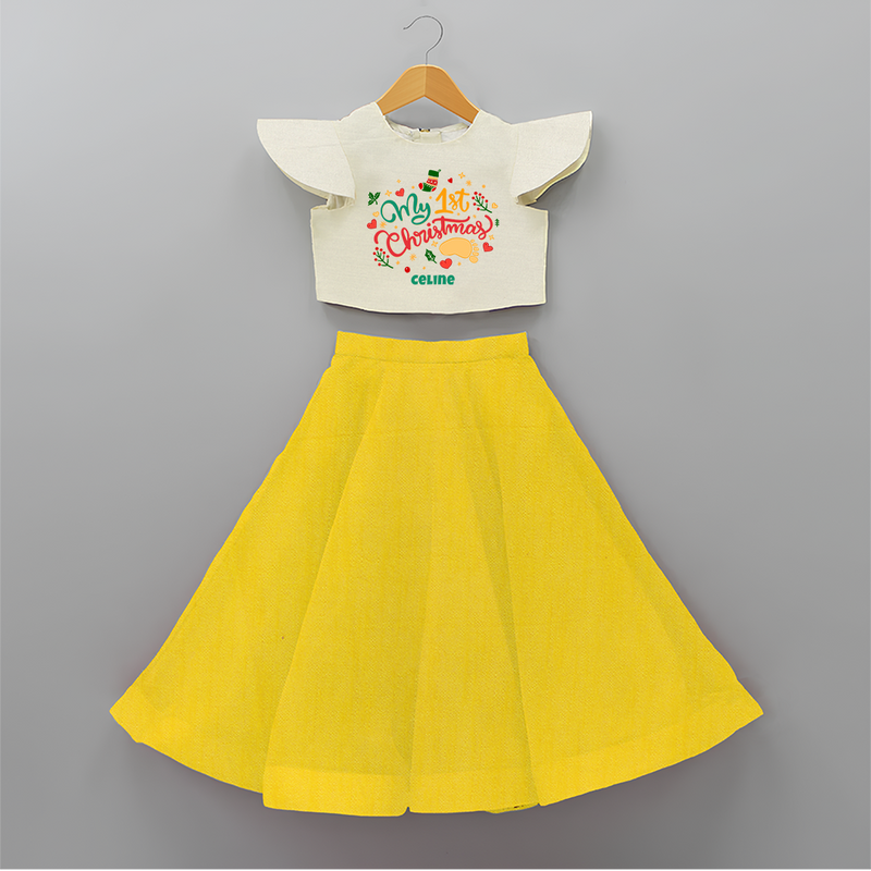 My First Christmas Themed Custom-Made  Crop Top And Skirt With Name For Kids - YELLOW - 6 - 9 Months Old (Chest 20" , Frock Waist 20")