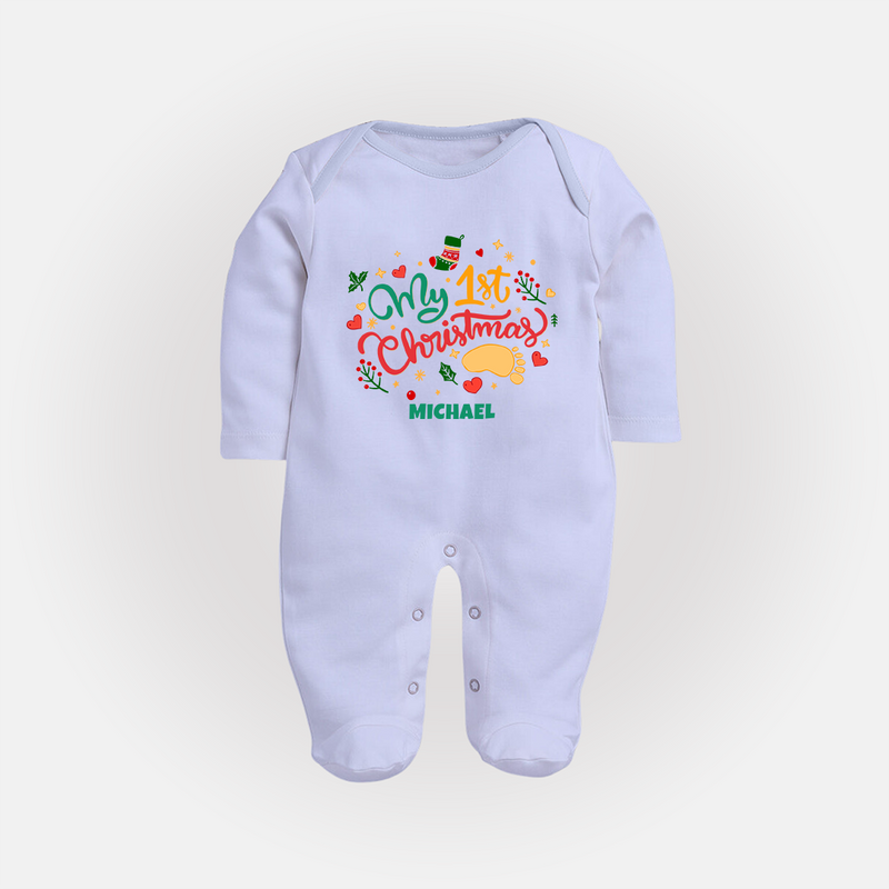 My First Christmas Themed Custom-Made  Sleep Suit With Name For Babies - BABY BLUE - New Born (Chest 7.5")