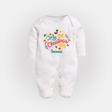 My First Christmas Themed Custom-Made  Sleep Suit With Name For Babies - WHITE - New Born (Chest 7.5")