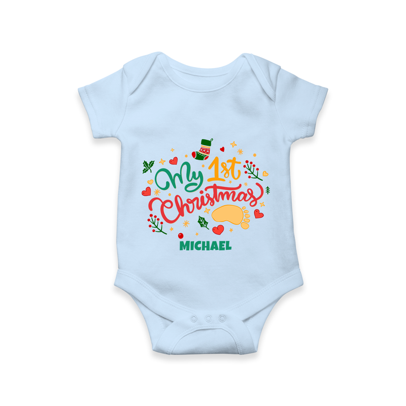 My First Christmas Themed Custom-Made  Romper With Name For Babies - BABY BLUE - 0 - 3 Months Old (Chest 16")