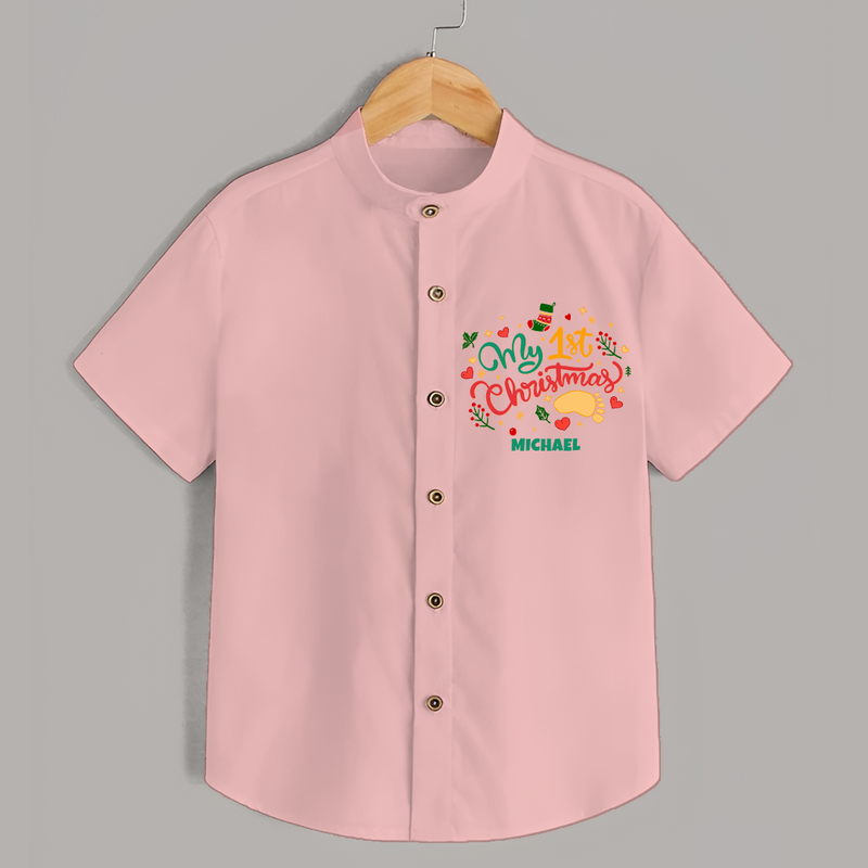 My First Christmas Themed Custom-Made  Shirt With Name For Kids - PEACH - 0 - 6 Months Old (Chest 23")