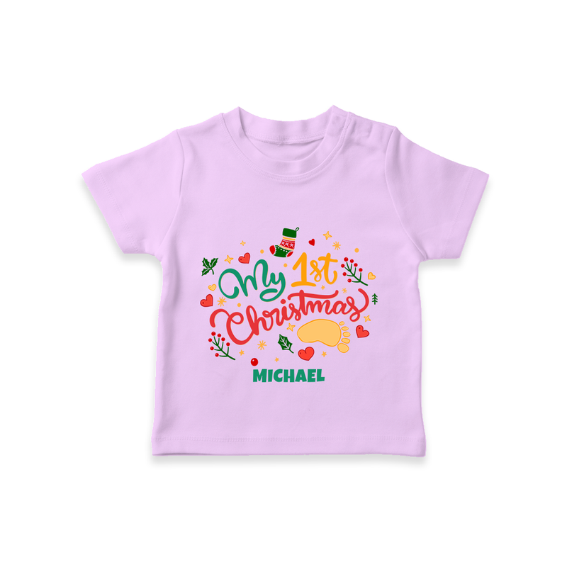 My First Christmas Themed Custom-Made  T-Shirt With Name For Babies - LILAC - 0-5 Months Old (Chest 17")