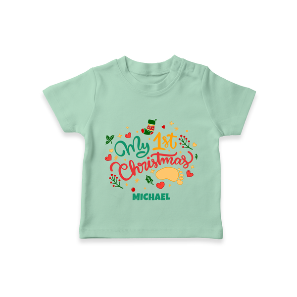 My First Christmas Themed Custom-Made  T-Shirt With Name For Babies - MINT GREEN - 0-5 Months Old (Chest 17")