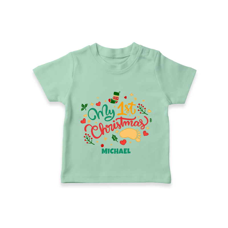 My First Christmas Themed Custom-Made  T-Shirt With Name For Babies - MINT GREEN - 0-5 Months Old (Chest 17")