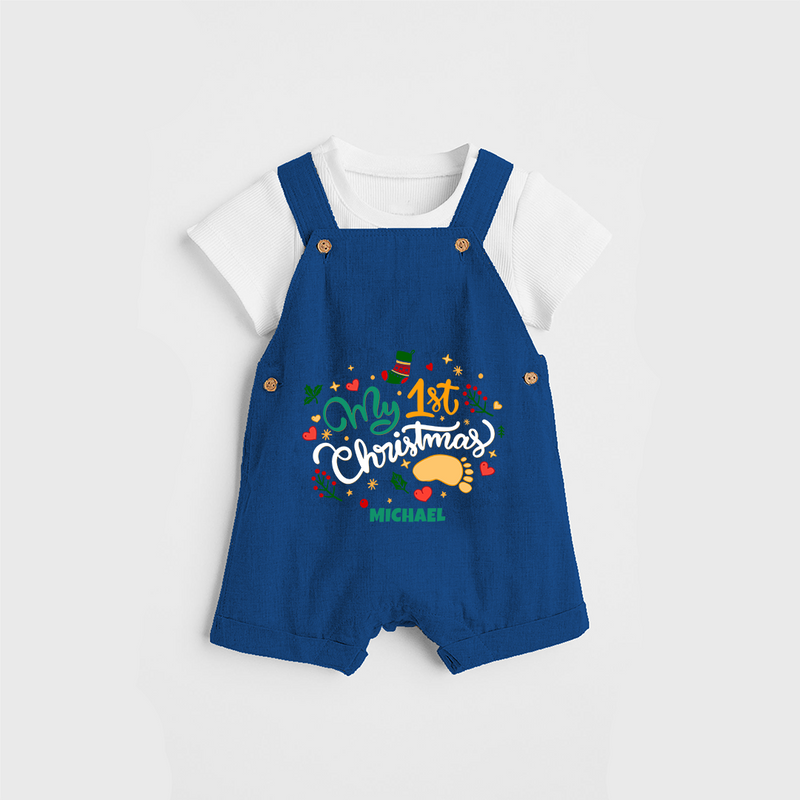 My First Christmas Themed Custom-Made  Dungaree Set With Name For Babies - COBALT BLUE - 0 - 5 Months Old (Chest 18")