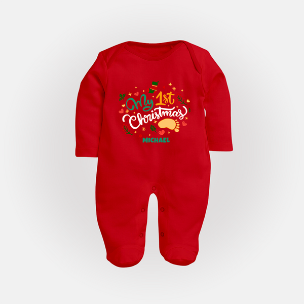 My First Christmas Themed Custom-Made  Sleep Suit With Name For Babies - RED - New Born (Chest 7.5")