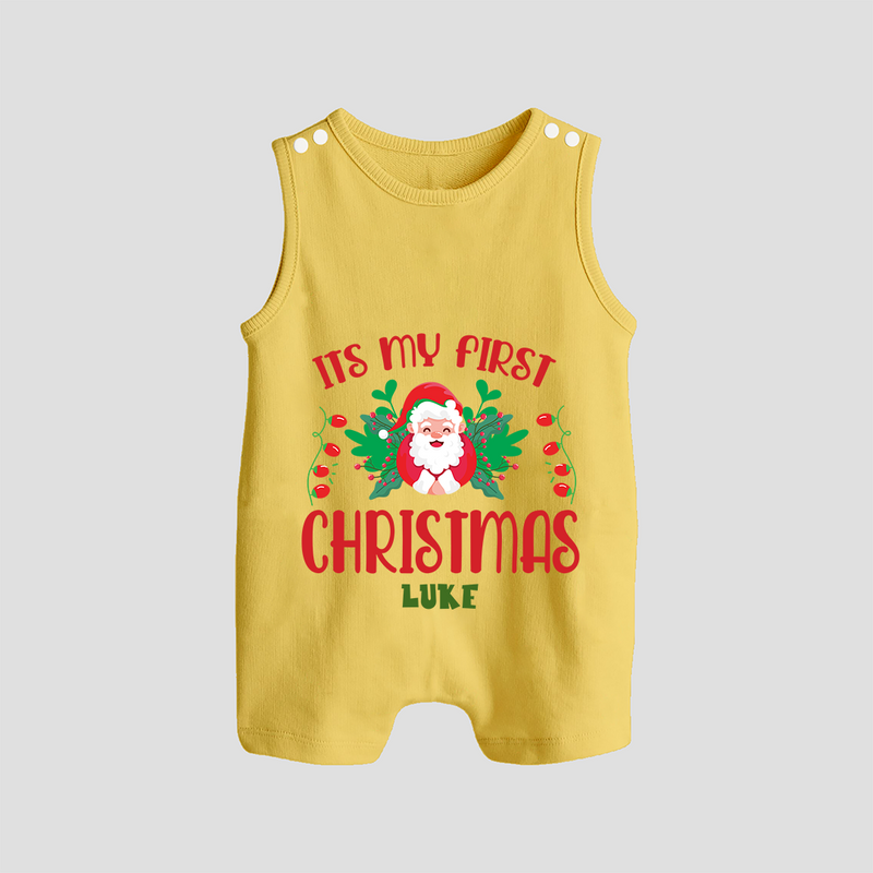 "Its My First Christmas" Themed Customized Romper Suit With Name For Babies - PASTEL YELLOW - 0 - 5 Months Old (Chest 18")