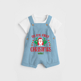 "Its My First Christmas" Themed Customized Dungaree Set With Name For Babies - SKY BLUE - 0 - 5 Months Old (Chest 18")