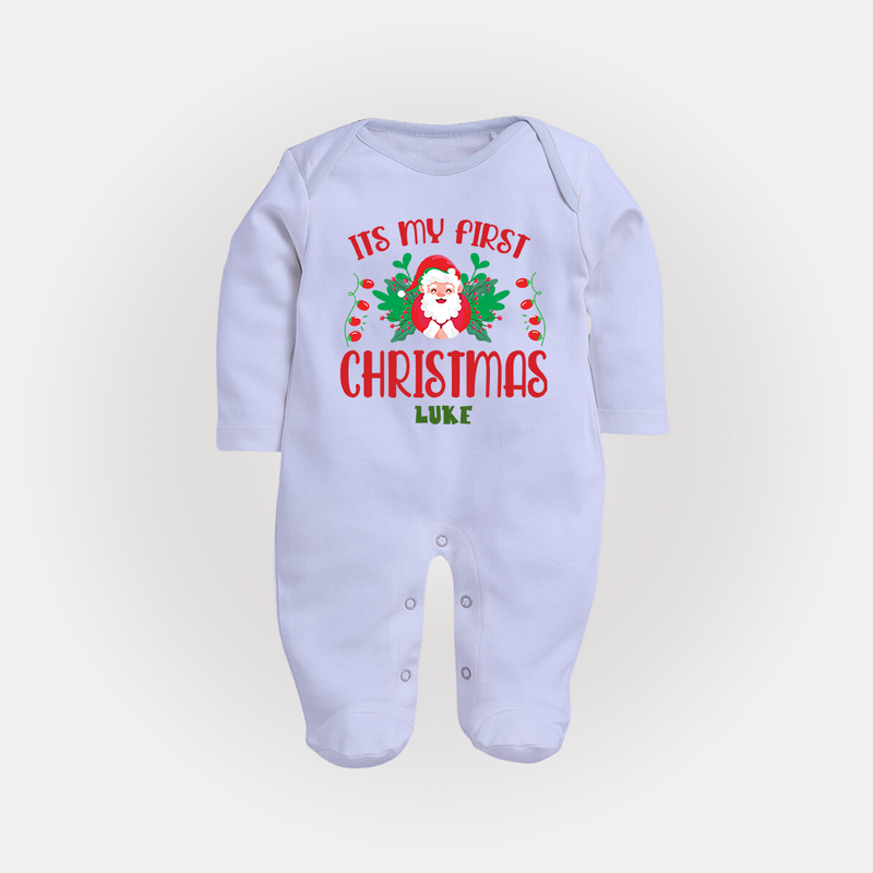 "Its My First Christmas" Themed Customized Sleep Suit With Name For Babies - BABY BLUE - New Born (Chest 7.5")