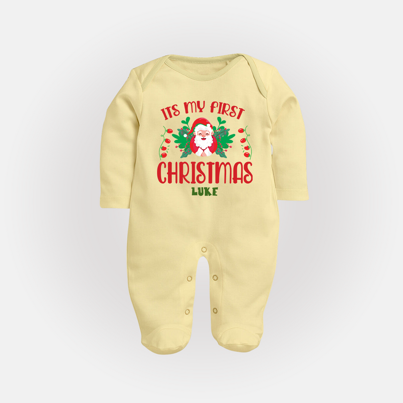 "Its My First Christmas" Themed Customized Sleep Suit With Name For Babies - PASTEL YELLOW - New Born (Chest 7.5")