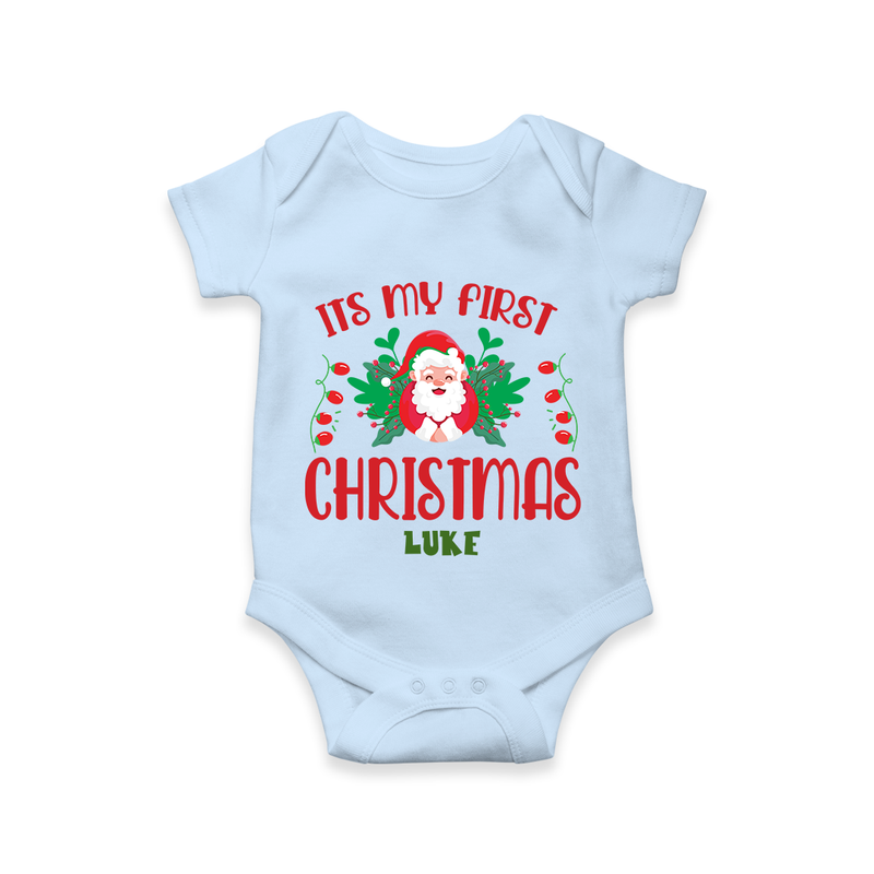 "Its My First Christmas" Themed Customized Romper With Name For Babies - BABY BLUE - 0 - 3 Months Old (Chest 16")