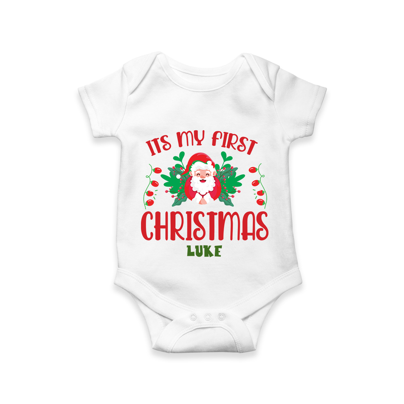 "Its My First Christmas" Themed Customized Romper With Name For Babies - WHITE - 0 - 3 Months Old (Chest 16")