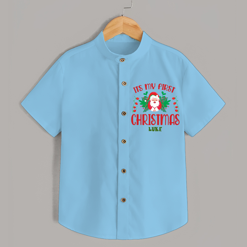 "Its My First Christmas" Themed Customized Shirt With Name For Kids - SKY BLUE - 0 - 6 Months Old (Chest 23")