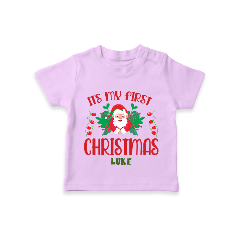 "Its My First Christmas" Themed Customized T-Shirt With Name For Babies - LILAC - 0-5 Months Old (Chest 17")