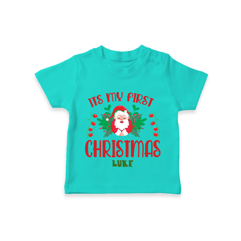 "Its My First Christmas" Themed Customized T-Shirt With Name For Babies - TEAL - 0-5 Months Old (Chest 17")